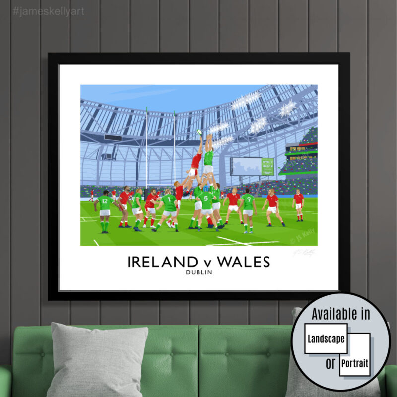 Vintage style travel poster art print of an Ireland v Wales Six Nations rugby match at the Aviva Stadium, Dublin.