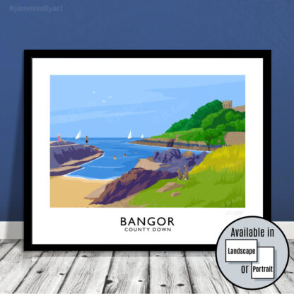 A vintage style travel poster of Brampton Bay (Jenny Watt's Cove) near Bangor, County Down.