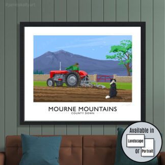Vintage style travel poster art print of a dog watching as Massey Ferguson MF35 ploughs a field in the Mourne Mountains