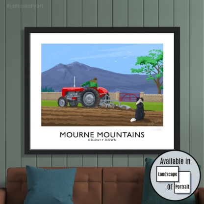 Vintage style travel poster art print of a dog watching as Massey Ferguson MF35 ploughs a field in the Mourne Mountains