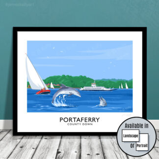 Retro travel poster of two dolphins playing in The Narrows of Strangford Lough at Portaferry