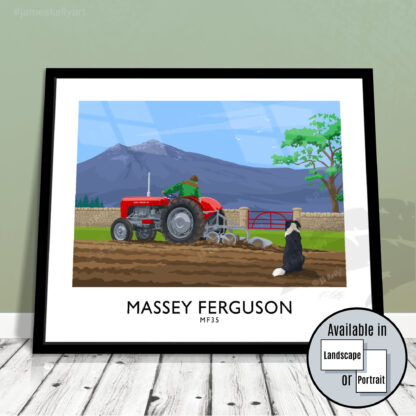 Vintage style travel poster art print of an old Massey Ferguson MF35 tractor ploughing a field