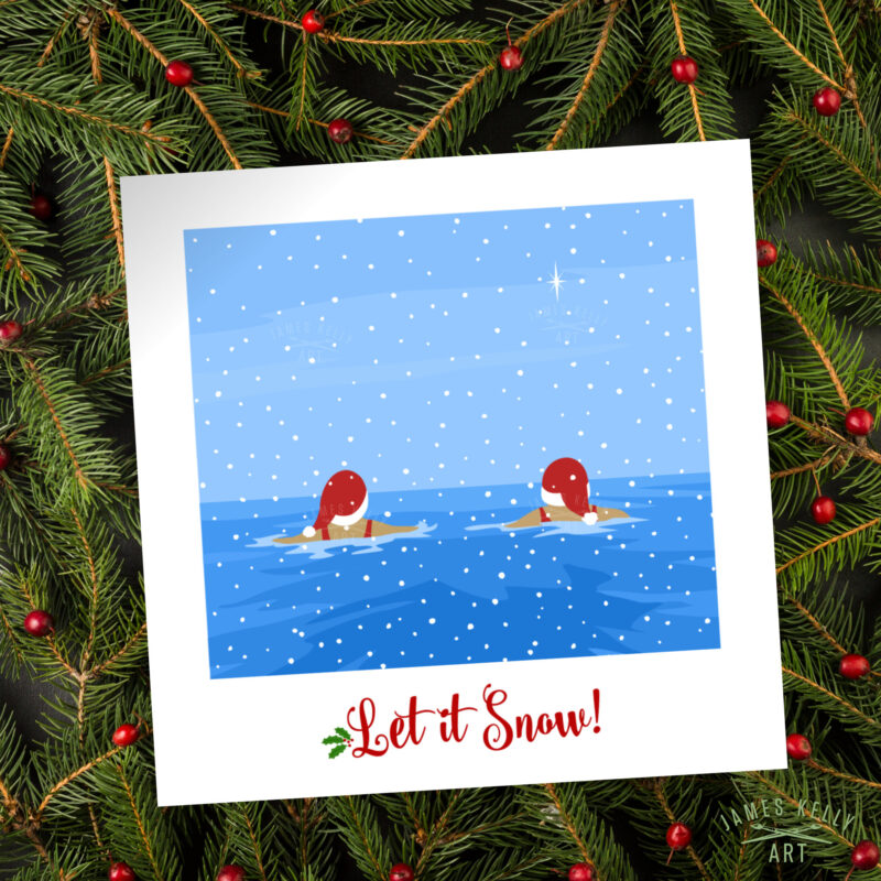 Christmas card of two all weather ladies wild swimming at Christmas.