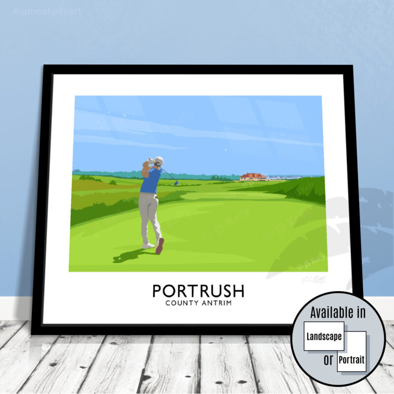 Vintage style travel poster art print of a golfer at Royal Portrush, County Antrim.