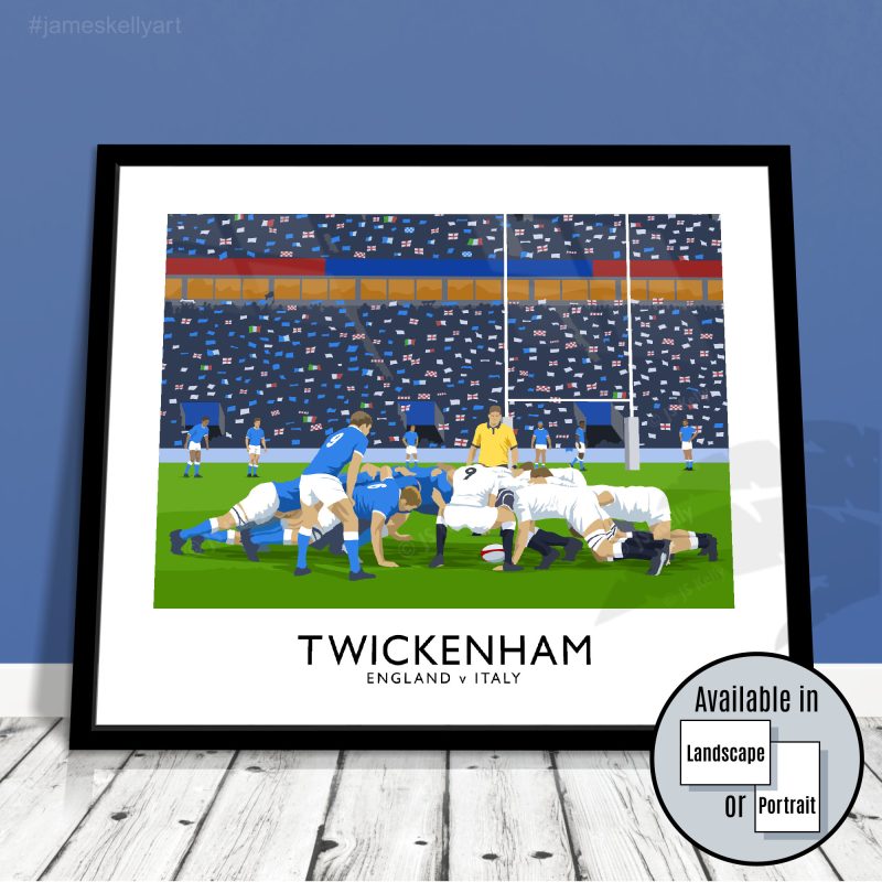 Vintage style travel poster art print of an England v Italy rugby match at Twickenham