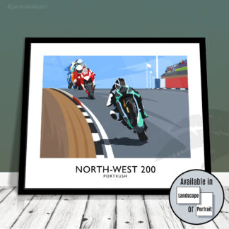 Vintage style travel poster art print of motorbikes racing over black Hill in Portrush during the North West 200.